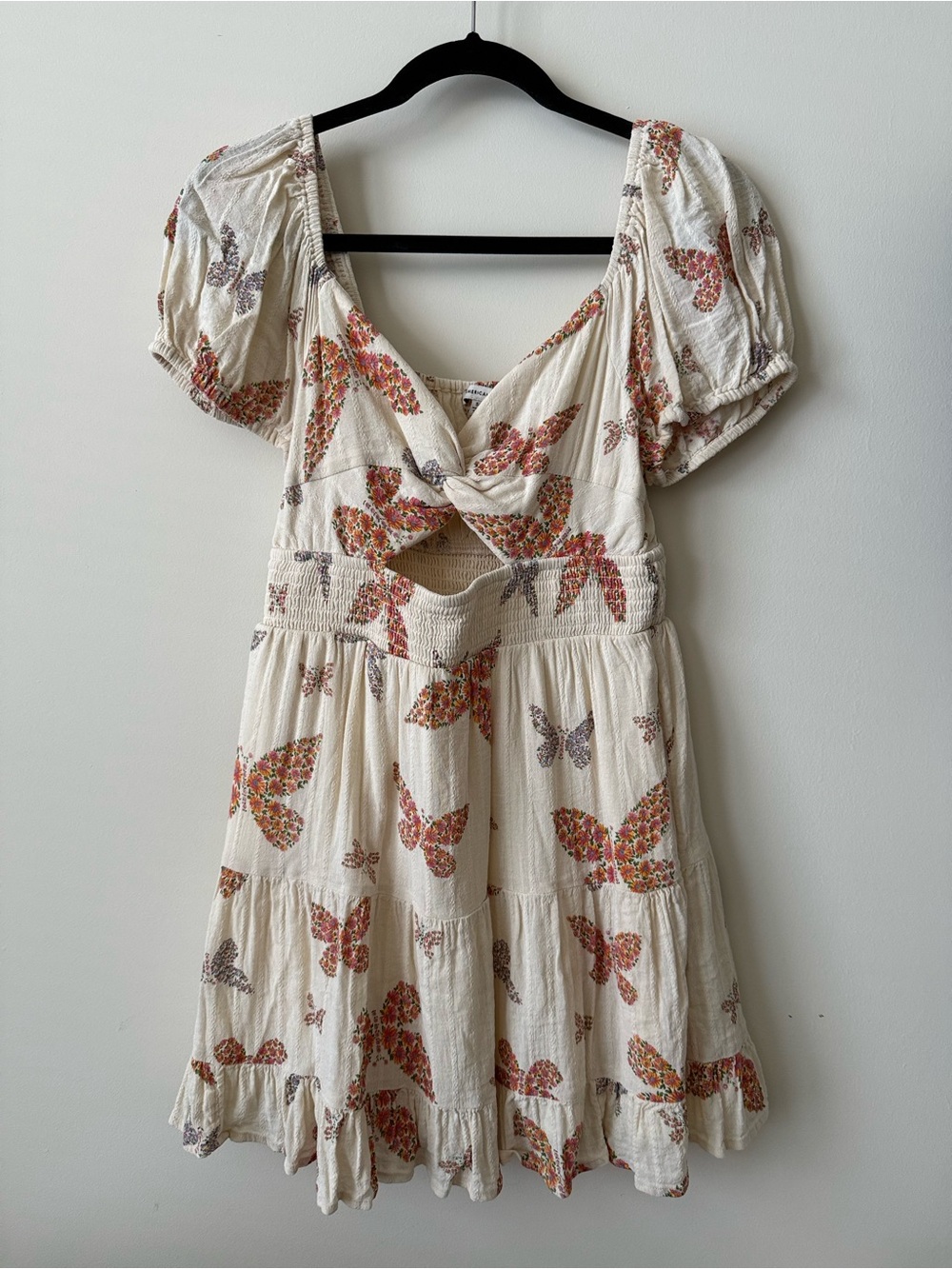 American Eagle Floral Butterfly Tie-Front Mini Dress - Cream/Orange
